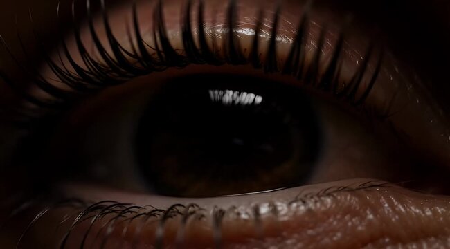 Extreme closeup of human eye with long eyelashes in dramatic lighting