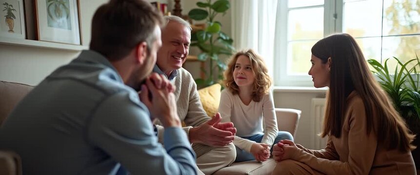 Family bonding in cozy living room as camera gently pans, capturing warm conversations and soft laughter, with ambient light streaming through windows in a cinematic style.