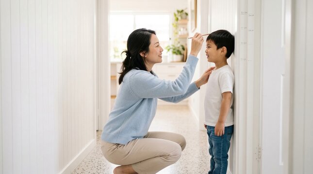 Woman measuring child height on wall with marker in bright hallway, warm family moment of care and growth
