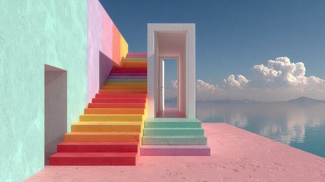 Colorful stairs ascending into an open doorway to another world, creating a dreamy surreal environment with realistic details.