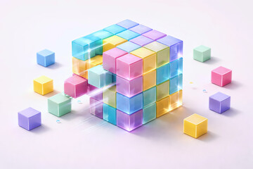 Fototapeta premium colorful translucent cube made of modular blocks, representing portfolio construction, capital allocation, structured growth and long-term value creation.