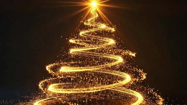 A glowing spiral of golden light forms a festive tree shape on a dark background