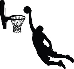 Black silhouette of basketball player performing slam dunk with hoop and backboard, isolated vector design for sports, athletic action, and dynamic themes © Milan