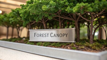 Indoor miniature forest display with sign for Forest Canopy project