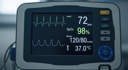 Medical monitor displays vital signs heart rate, oxygen, blood pressure, temperature