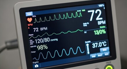 Medical monitor displaying vitals heart rate, blood pressure, oxygen saturation, temperature