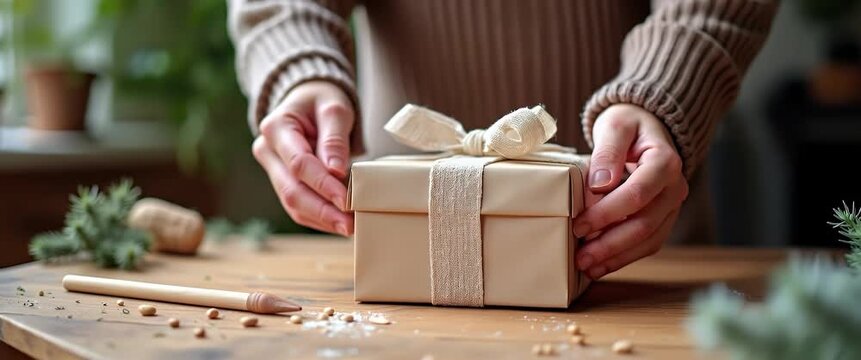 Hands gently place a beautifully wrapped gift box on a rustic table, as sunlight softly illuminates the cozy setting; the camera slowly pans, capturing the serene, cinematic ambiance.
