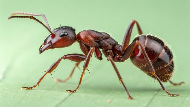 Detailed macro photograph of a large red ant with segmented body and antennae, on a pastel green background.