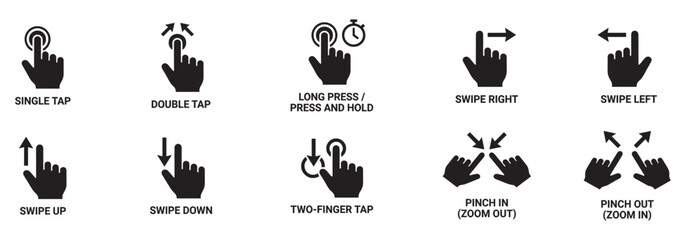 Touch screen hand gestures icons set, finger tap, swipe, scroll, pinch and zoom interactive vector symbols. Vector Illustration. © Jeremy_Show
