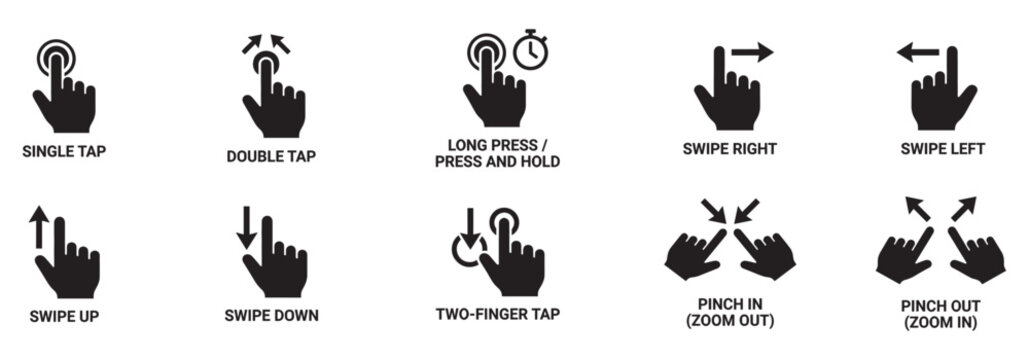Touch screen hand gestures icons set, finger tap, swipe, scroll, pinch and zoom interactive vector symbols. Vector Illustration.
