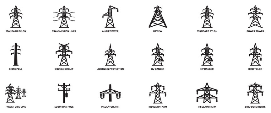 Collection of electric power transmission tower icons, electricity pylons, energy grid symbols, high voltage line illustrations, and related infrastructure elements, including transformers, lightning.