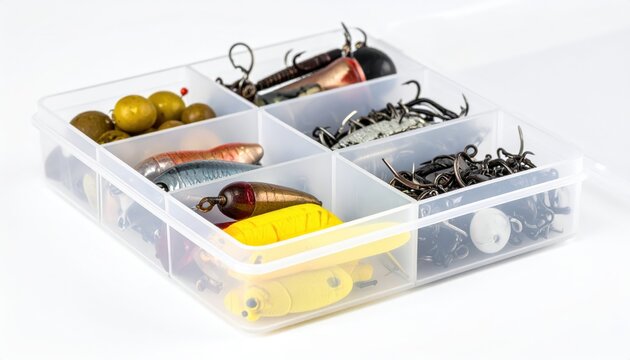Organized Fishing Tackle Box with Various Lures and Hooks
