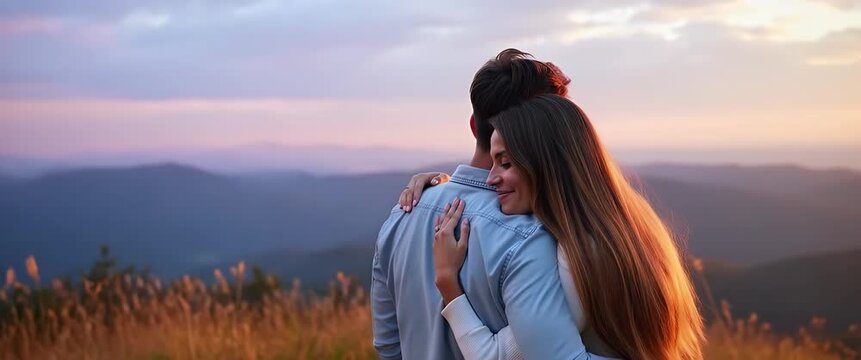 Couple embraces at sunset on a mountain, camera gently pans across the serene landscape, capturing their joyful expressions, in a cinematic and romantic setting with soft ambient motion.