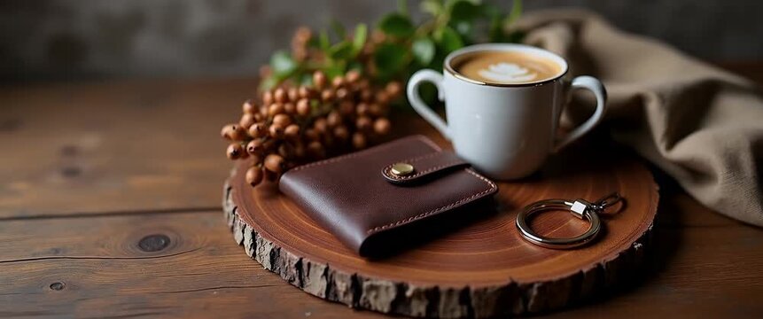 Elegant coffee scene with latte art, leather wallet, and keyring on rustic table; camera gently pans across cozy, warm-toned setting while ambient light flickers in cinematic style.