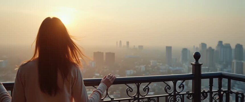 Person standing on balcony inhaling crisp early morning breeze with wind?blown hair and hands resting on wrought?iron railing against dewy cityscape in  Photo Stock  Concept  and empty space on the le