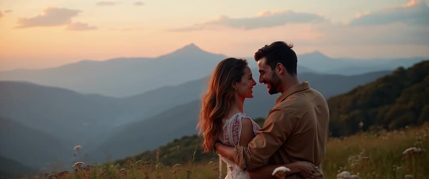 Romantic couple embraces on a scenic hillside at sunset, as the camera gently pans across the picturesque landscape, capturing the serene ambiance and vibrant colors in a cinematic style.