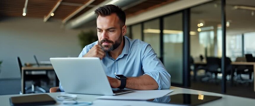 Focused businessman works on a laptop in a modern office, with gentle ambient light flicker and a slow cinematic pan, creating an inspiring, professional atmosphere ideal for corporate projects.