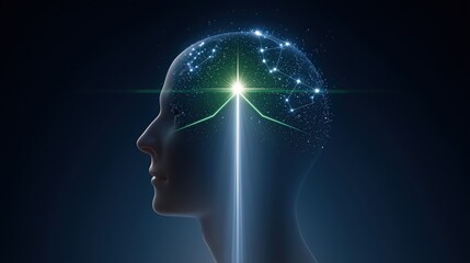 Obraz premium Abstract glowing human head profile with star constellation and light beam representing intelligence and consciousness