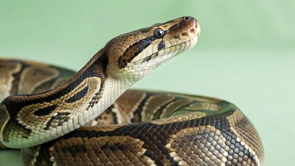 Fototapeta premium Ball Python Snake Portrait with Intricate Brown Patterns, Coiled Body and Focused Gaze, Studio Shot Against Soft Green Background