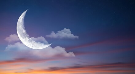 Crescent Moon in the Sky at Dusk with Clouds.