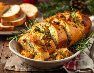 Sliced bread loaf with herbs on rustic wood