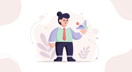 Obraz premium A person in formal attire holds a tray with geometric shapes and spheres, against a soft, abstract background