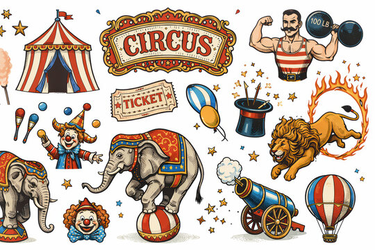 vintage circus illustration set with retro show elements