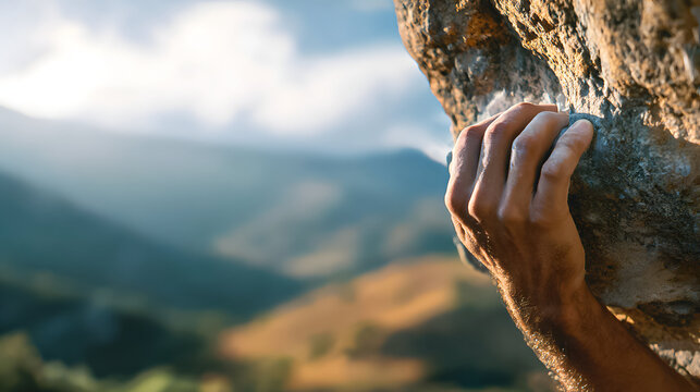 Climber grips rock face during ascent in mountainous region under cloudy sky and natural light in the early morning