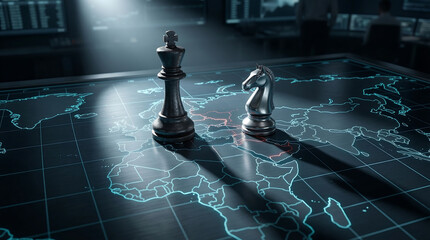 Geopolitical Chess Strategy on World Map – Global Power Competition and International Political Risk Concept