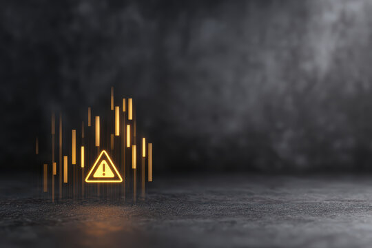 Warning sign caution symbol alert icon glowing triangle digital hazard risk indicator safety alert neon light dark background abstract concept minimal style close up conceptual scene floating risk