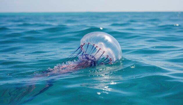 A delicate Portuguese Man of War jellyfish floats on the ocean's surface with its tentacles trailing in the blue water.