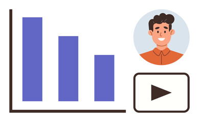 Data visualization, user insights, media presentation, marketing, digital communication, online training. Bar chart, user avatar and play icon. Data visualization and user insights concept