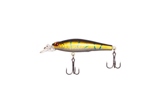 Fishing wobbler bait for predator fish isolated on white background. Artificial lure with sharp treble hooks for angling sport activity.
