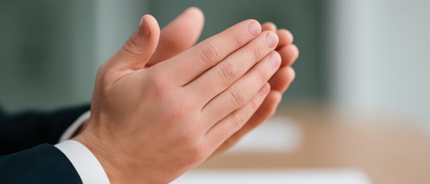 Clapping hands close up with blurred background, showing appreciation and applause in professional setting with soft natural lighting and skin texture details