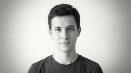 Fototapeta premium A young man with a subtle smile stands facing forward, his dark hair contrasting with his light surroundings in a monochrome portrait.