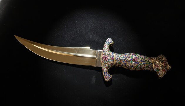 Ornate gold plated ceremonial dagger with jeweled hilt and curved blade