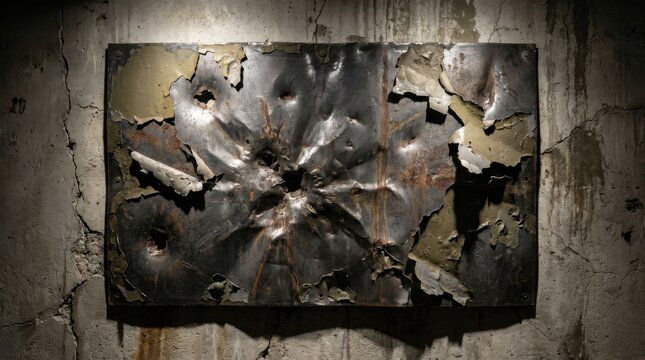 Pockmarked and peeling steel plating displaying signs of extreme damage and wear