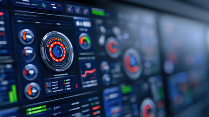 Obraz premium Digital dashboard with circular data visualization and colorful charts showing analytics and performance metrics in futuristic interface design, technology concept