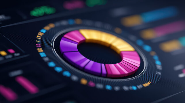 Colorful digital data visualization with circular chart and glowing segments on dark background, representing analytics and business intelligence in futuristic style