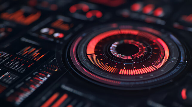 Digital interface with red circular data visualization and futuristic technology elements, showing complex analytics and digital control system in dark environment