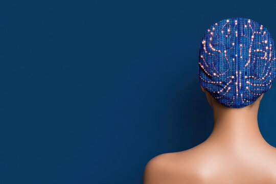 Human head digital brain binary code technology artificial intelligence neural network back view blue background glowing lights minimal style