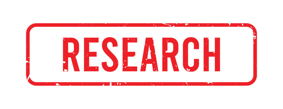 Red stamp with the word research inside a rectangular frame.