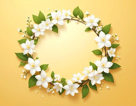 Elegant floral arrangement of delicate white jasmine blossoms surrounding an empty circular frame, set against a soft pastel yellow background. Perfect for invitations, greeting cards, wedding templat