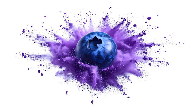 A single, vibrant blueberry surrounded by an explosion of purple, powdery substance on black