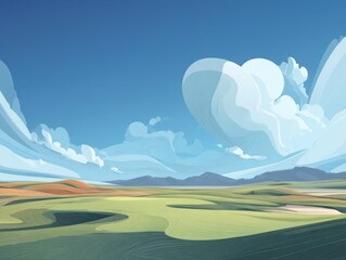 Fototapeta premium Stylized Landscape Painting with Rolling Hills and Dramatic Sky.