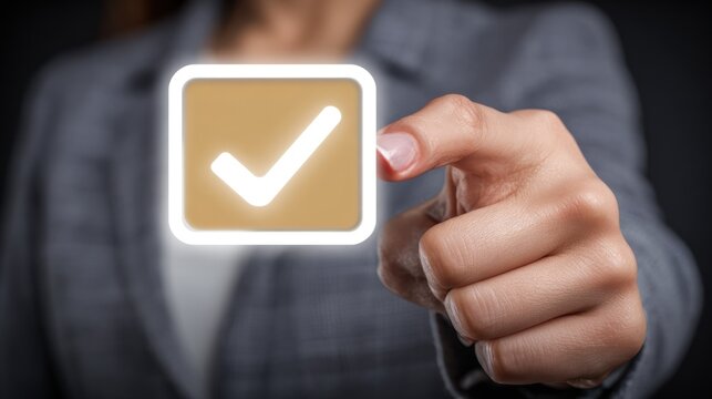 Hand pressing a glowing check mark button, concept of confirmation.