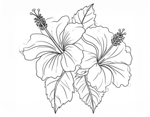 Fototapeta premium Hibiscus Line Art Illustration. Minimalist black and white line art illustration of hibiscus flower with elegant outlines. 