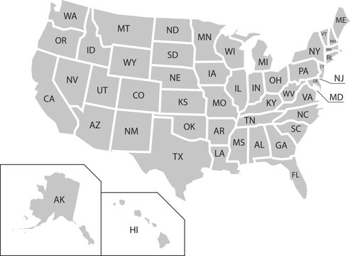 A simplified map of the United States of America with each state clearly labeled with its two-letter abbreviation, including Alaska and Hawaii