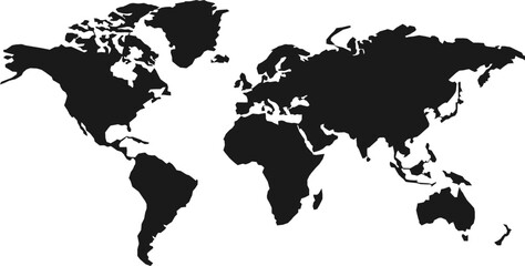 A simple black silhouette of the world map showing all continents and major islands © M-KOS