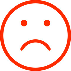 A simple, bold, red sad face emoji icon representing negative emotions and dissatisfaction
